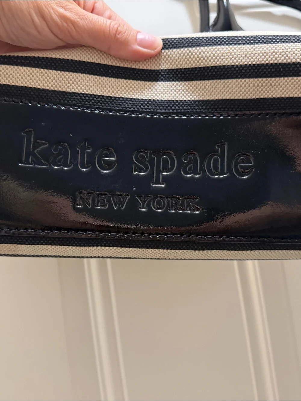 Kate Spade Villabella Quinn Tote Black & Cream Striped with Patent Bow Trim